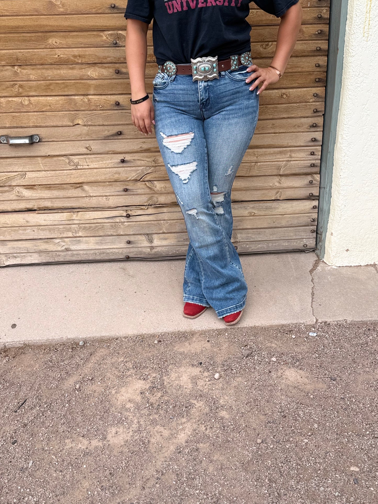 Light wash, distressed flare