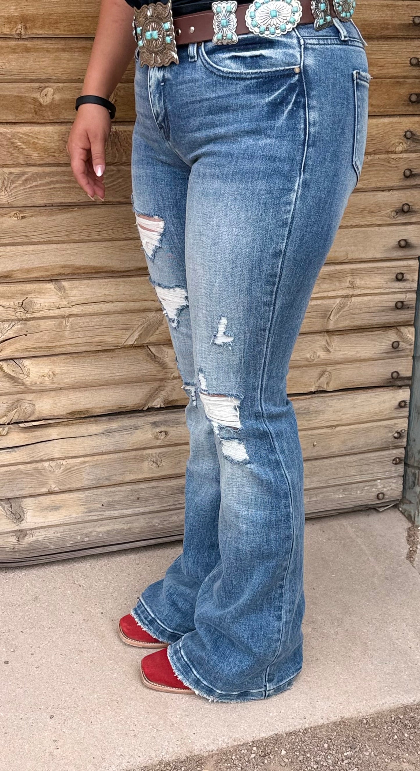 Light wash, distressed flare