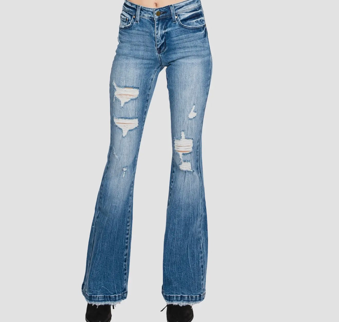 Light wash, distressed flare